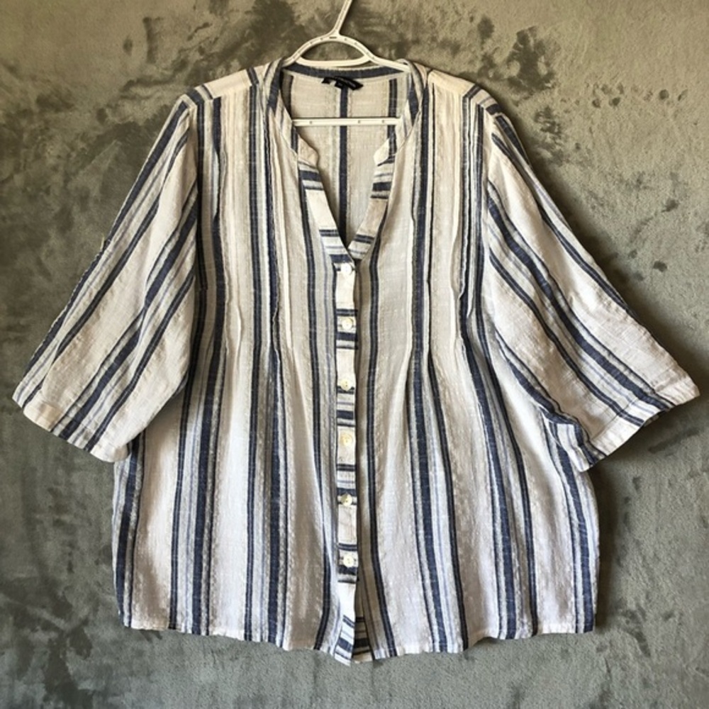 Striped Casual Blouse Size 3X White Blue‎ Roll Tab Sleeves Plus